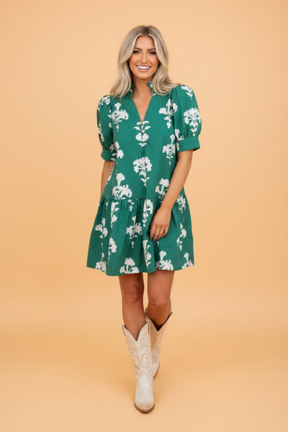 Floral Frilled V-Neck Puff Sleeve Mini Dress