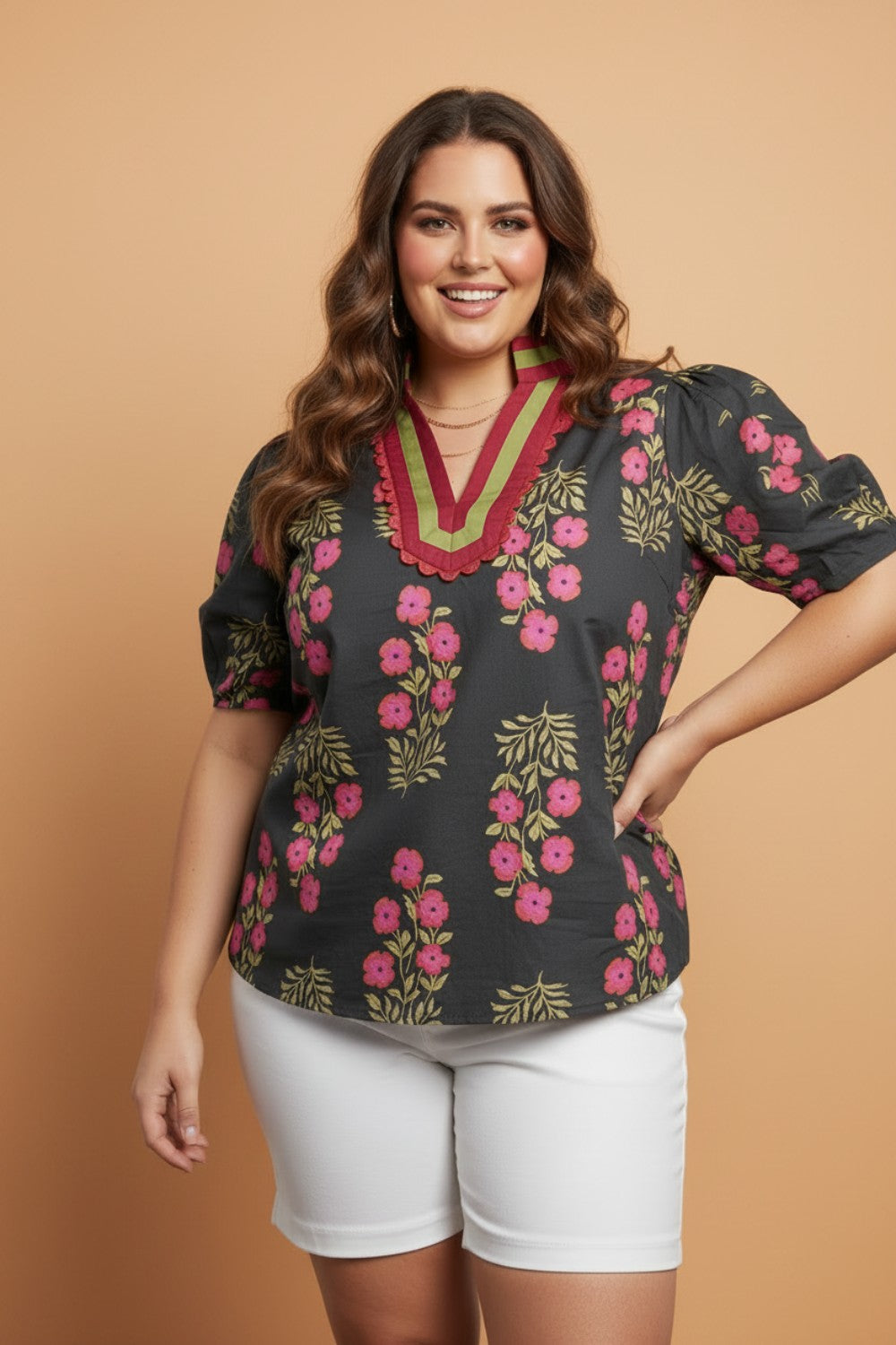 Plus Size Floral Ricrac Trim Short Sleeve Blouse