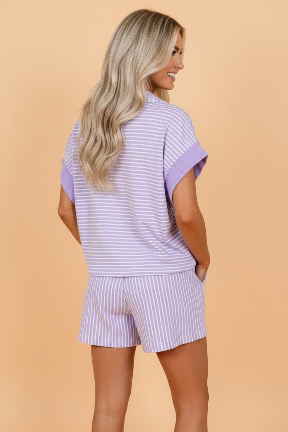 Stripe Dolman Sleeve Polo Shirt & Drawstring Shorts Set