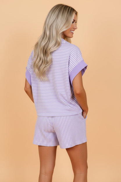 Stripe Dolman Sleeve Polo Shirt & Drawstring Shorts Set
