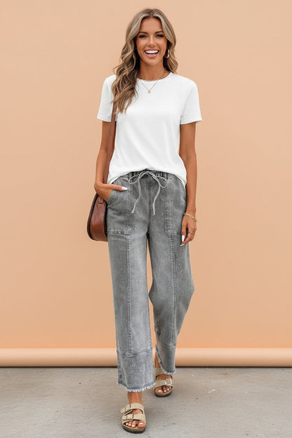 Denim Raw Hem Drawstring Wide Leg Pants