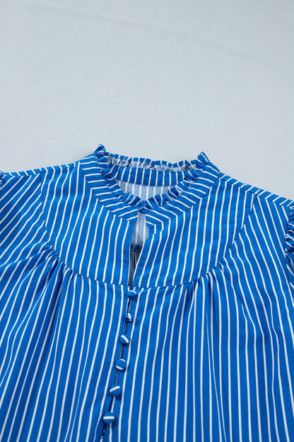 Stripe Ruffle Puff Sleeve Button Front Blouse