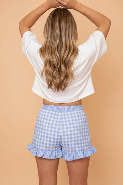 Gingham Ruffle Stripe Patchwork Lace Tie Shorts