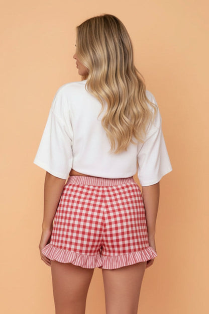 Gingham Ruffle Stripe Patchwork Lace Tie Shorts