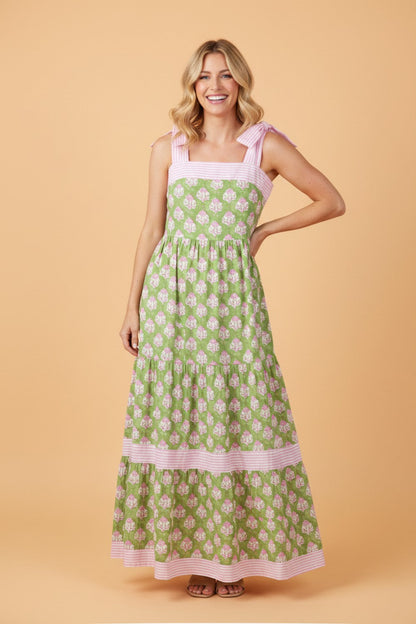 Floral Stripe Patchwork Knot Strap Maxi Dress