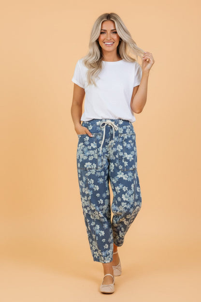 Floral Denim Drawstring Barrel Leg Jeans