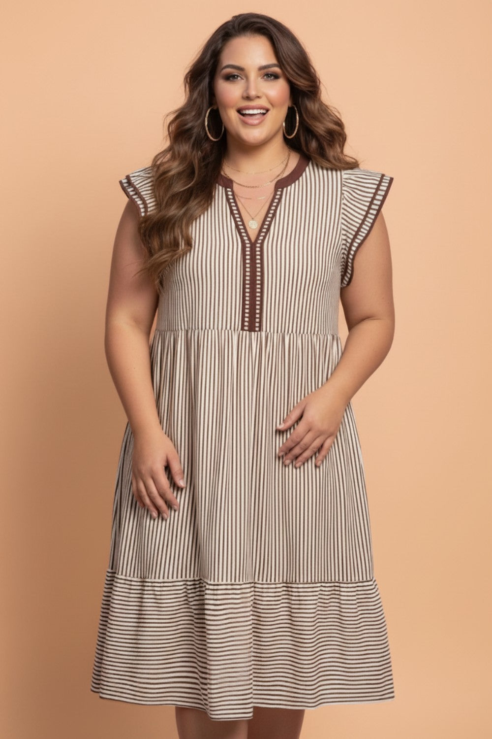 Plus Size Stripe Flutter Sleeve V-Neck Maxi Dress