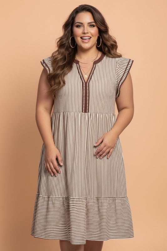 Plus Size Stripe Flutter Sleeve V-Neck Maxi Dress