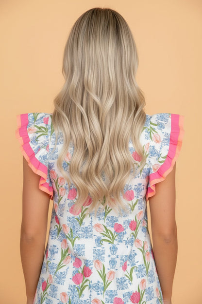 Floral Colorblock Flutter Sleeve Half Button Blouse