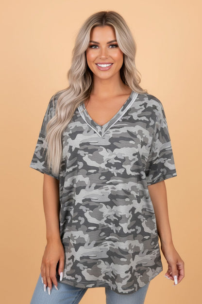 Retro Camo Raw Edge V-Neck Tee