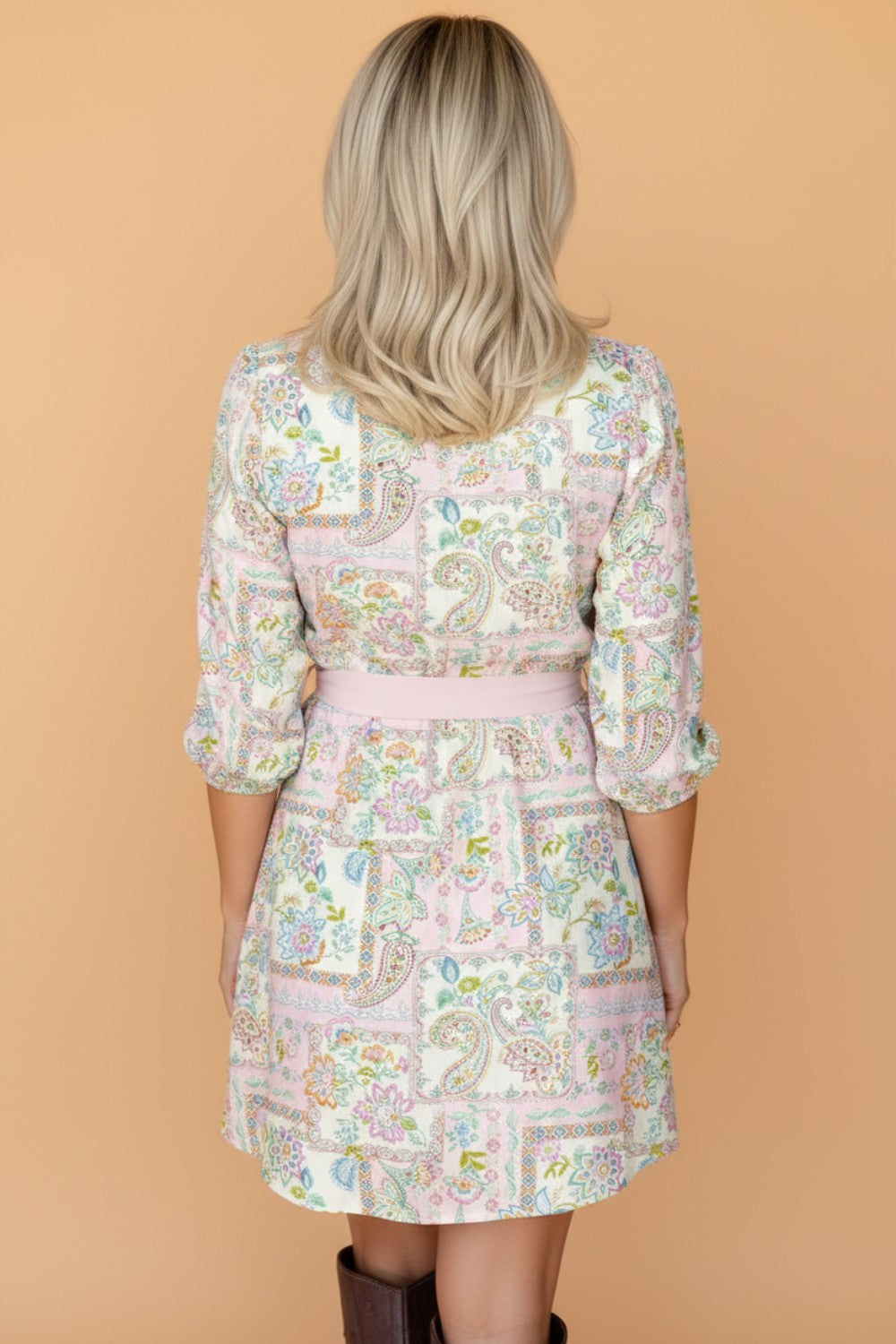Boho Floral Colorblock 3/4 Sleeve Belted Mini Dress