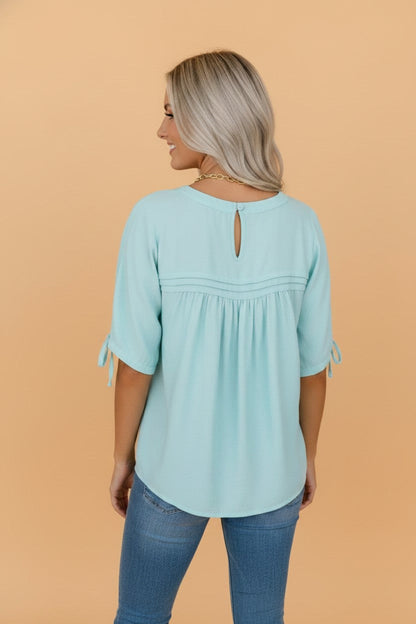 Solid Pleated Tie Sleeve Babydoll Blouse
