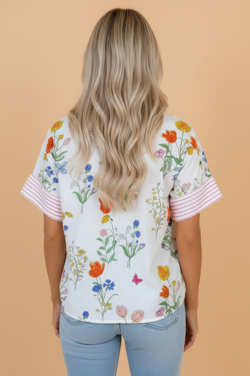 Floral Stripe Patchwork Ruffled Collar Shirt