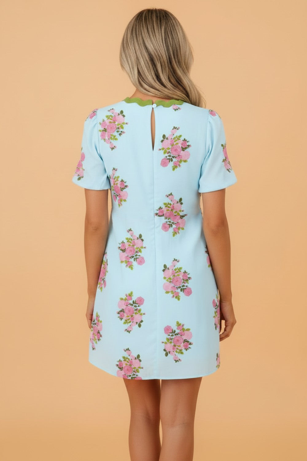Floral Contrast Ricrac Trim Bubble Sleeve Dress