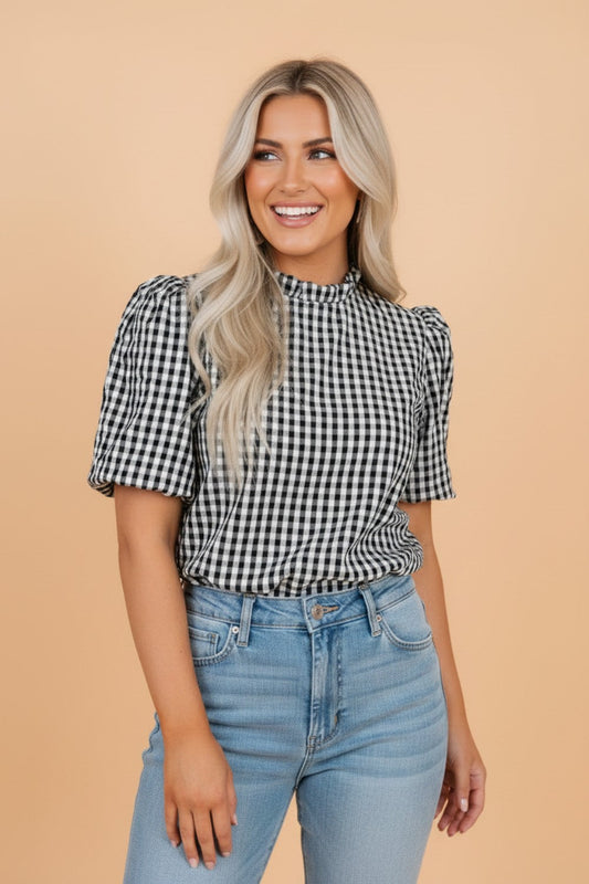 Gingham Plaid Puff Sleeve Frilled Neck Blouse