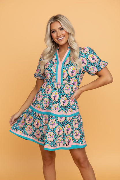 Floral Leopard Contrast Stripe Puff Sleeve Dress