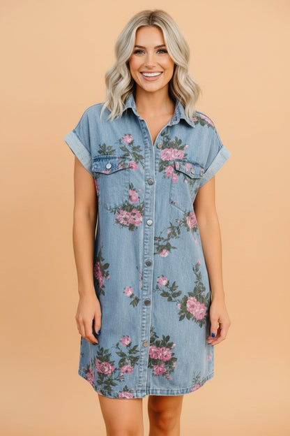 Floral Denim Cuffed Short Sleeve Buttoned Dress