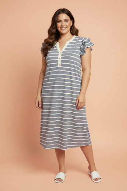 Plus Size Stripe Ruffle Sleeve Button V-Neck Dress