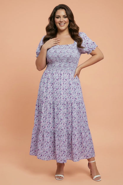 Plus Size Floral Smocked Square Neck Maxi Dress
