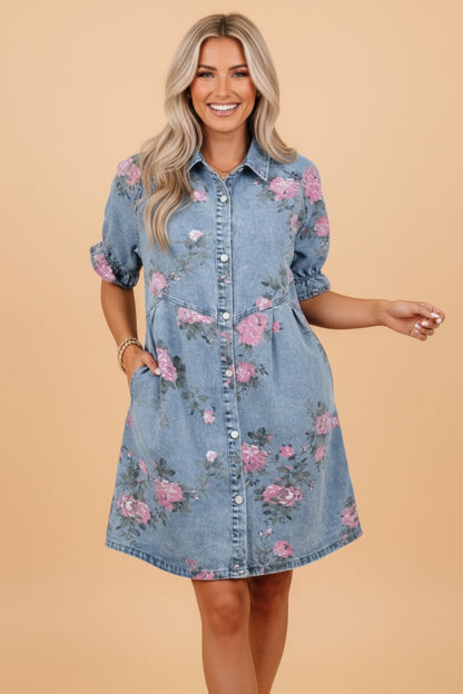 Floral Denim Short Sleeve Button Down Dress
