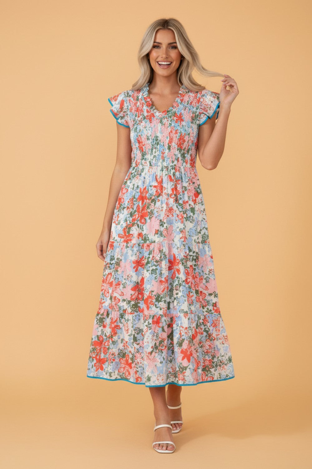 Floral Flutter Sleeve Smocked V-Neck Maxi Dress
