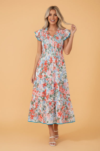 Floral Flutter Sleeve Smocked V-Neck Maxi Dress