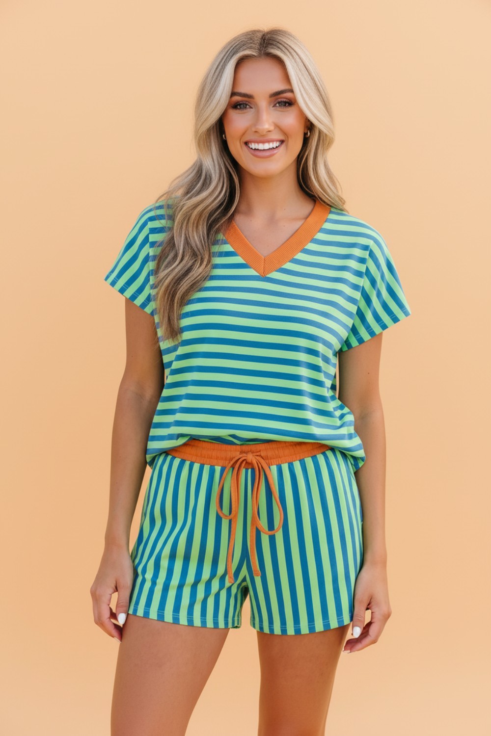 Stripe Colorblock V-Neck Tee & Drawstring Short Set