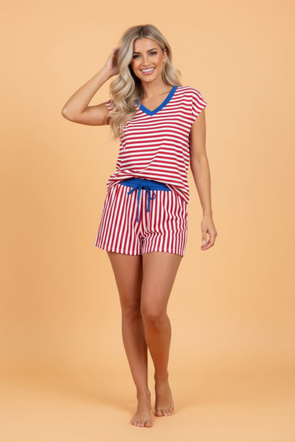 Stripe Colorblock V-Neck Tee & Drawstring Short Set