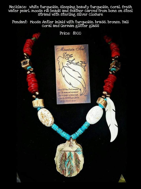 Feathered Arrow Moose Antler and Turquoise Necklace