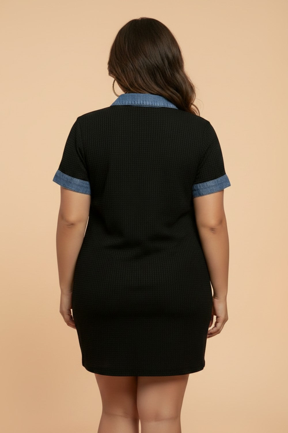 Plus Size Denim Colorblock Polo Collar Mini Dress