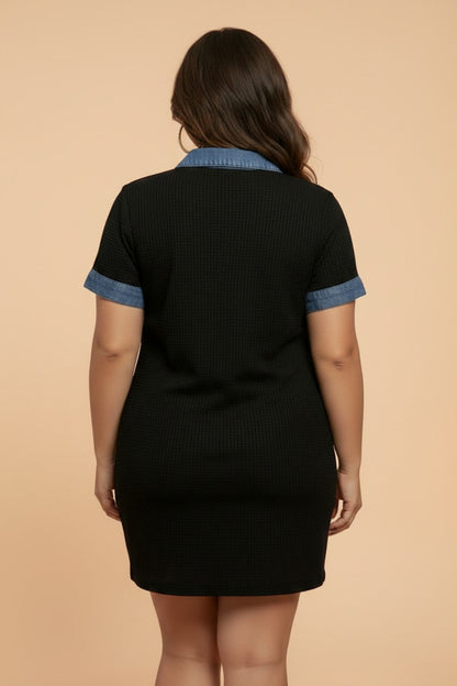 Plus Size Denim Colorblock Polo Collar Mini Dress
