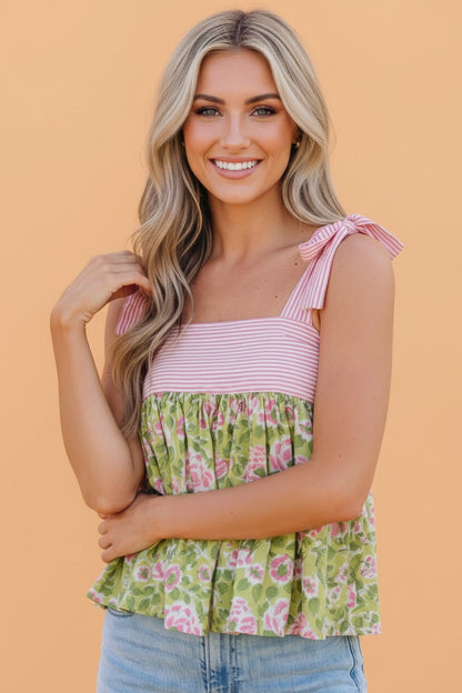 Floral Stripe Tie Strap Babydoll Tank Top