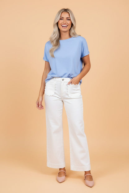 Solid Denim Scalloped Patch Pocket Shift Jeans