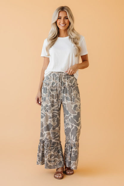 Abstract Leopard Ruffle Tiered Wide Leg Pants
