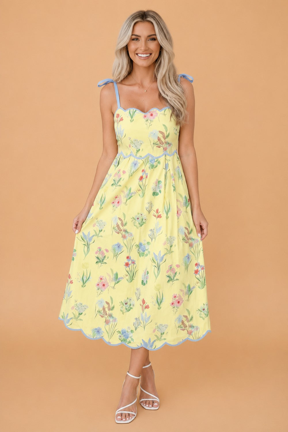 Floral Contrast Trim Tie Strap Midi Dress