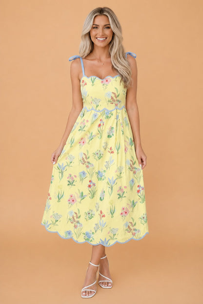 Floral Contrast Trim Tie Strap Midi Dress