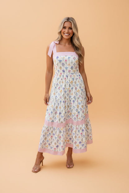 Floral Stripe Detail Knot Strap Maxi Dress