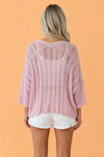 Solid Hollowed Knit Drop Shoulder Open Cardigan