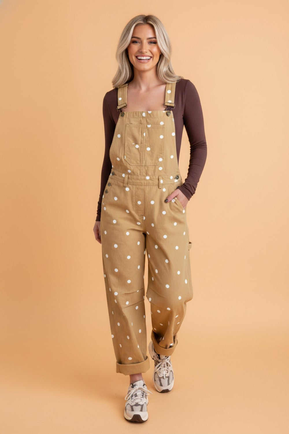Polka Dot Denim Barrel Leg Overalls Jumpsuit