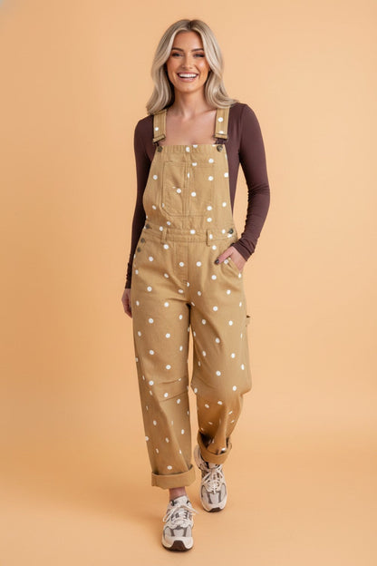 Polka Dot Denim Barrel Leg Overalls Jumpsuit