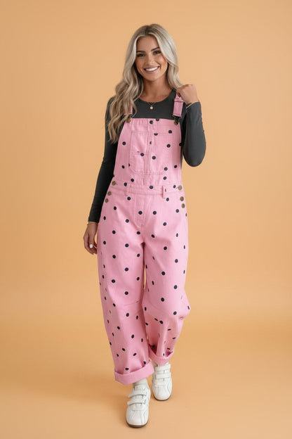 Polka Dot Denim Barrel Leg Overalls Jumpsuit
