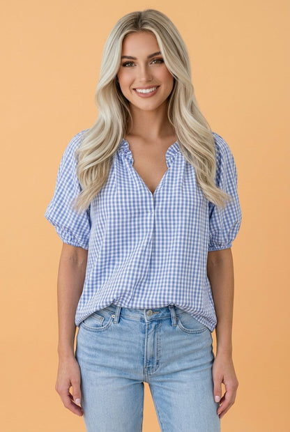 Plaid V-Neck Puff Sleeve Blouse