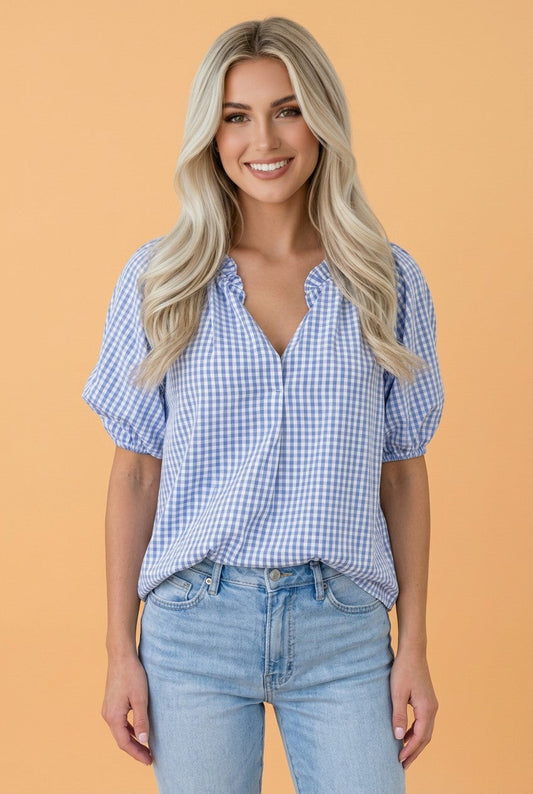 Plaid V-Neck Puff Sleeve Blouse