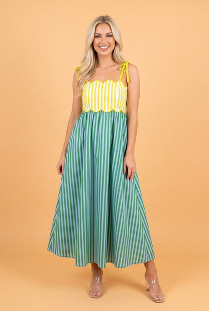 Stripe Scalloped Contrast Patchwork Knot Strap Midi Dress