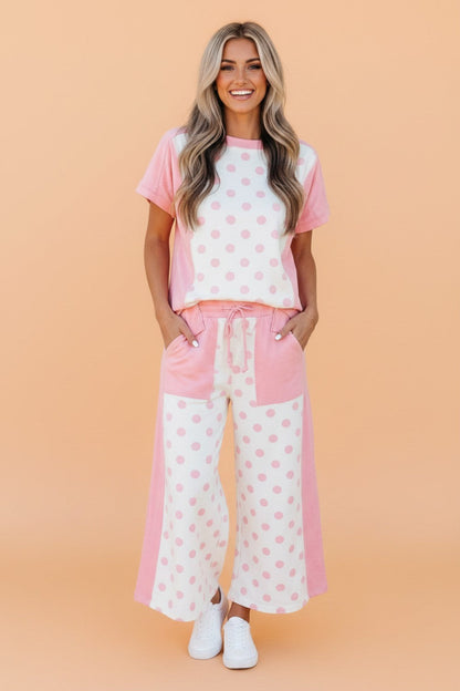 Polka Dot Patchwork Top & Wide Leg Pants Set