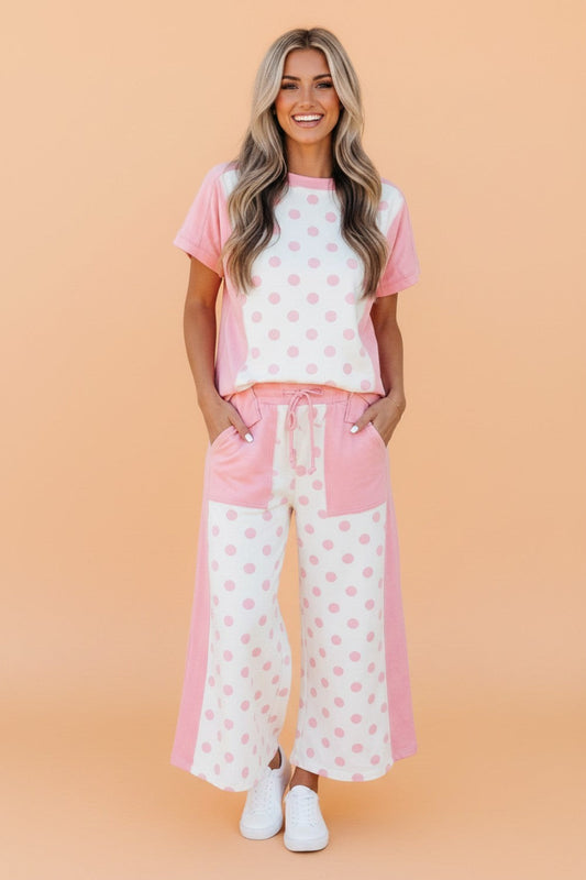 Polka Dot Patchwork Top & Wide Leg Pants Set