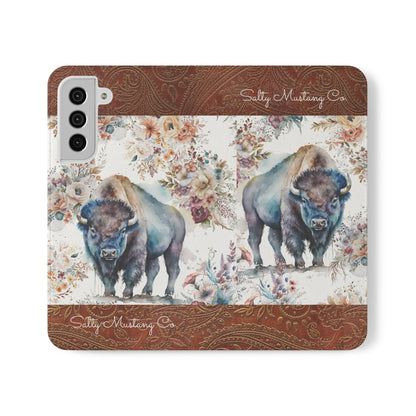 Buffalo Rose Leather Print Samsung Flip Cases