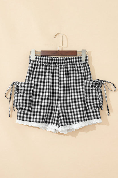 Gingham Lace Trim Pouch Pocket Shorts