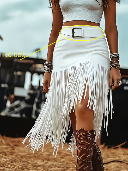 Women's Bohemian Western Fringe Skirt | High Waist Tassel Cowgirl Midi Skirt (Belt Not Included)