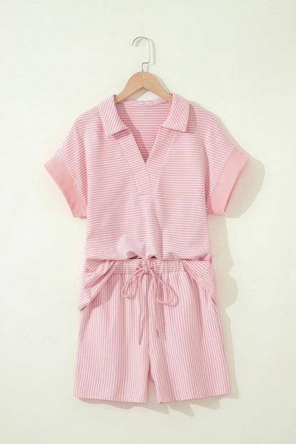 Stripe Dolman Sleeve Polo Shirt & Drawstring Shorts Set